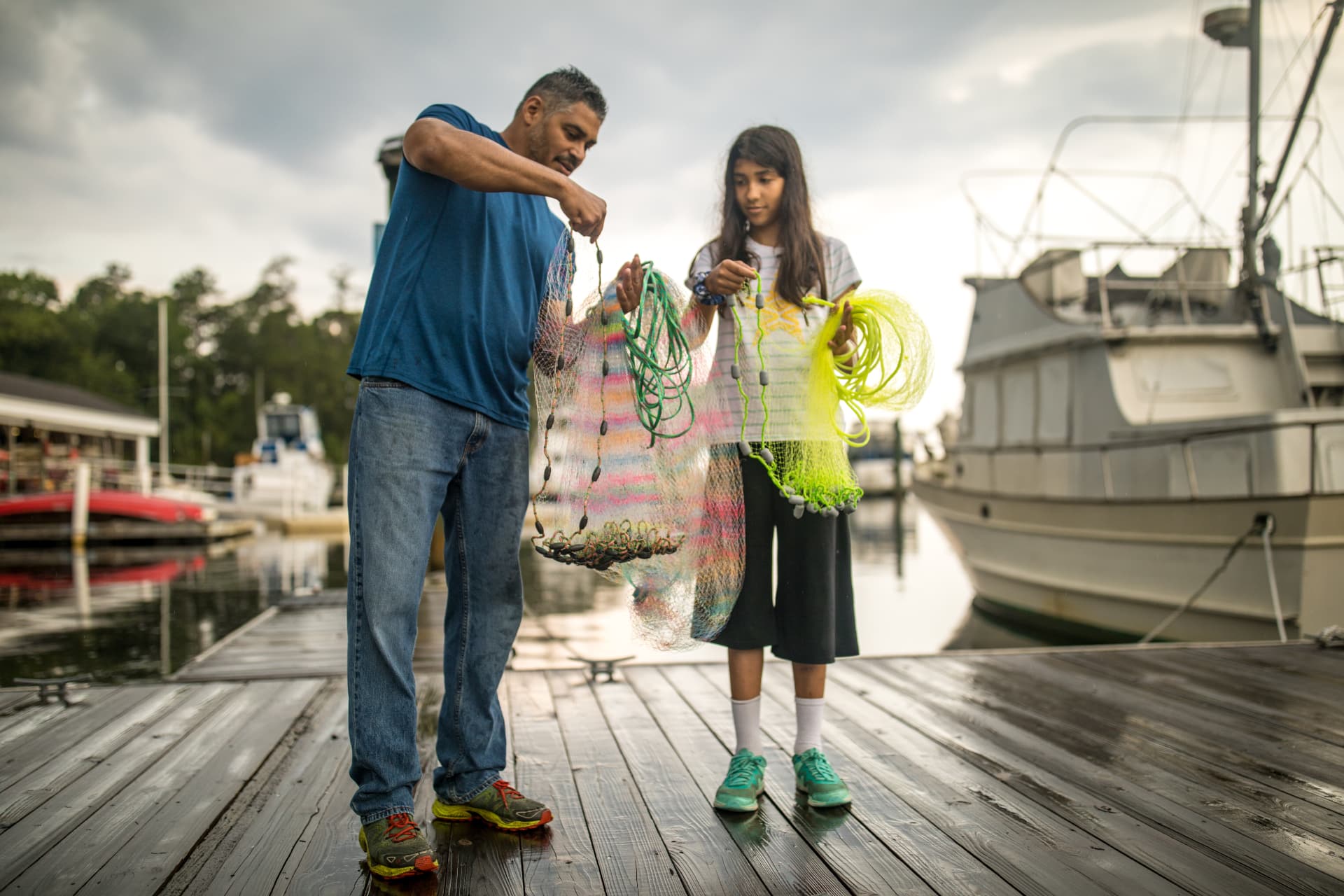 Commercial fishing nets on a working dock in coastal Onslow County, North Carolina
