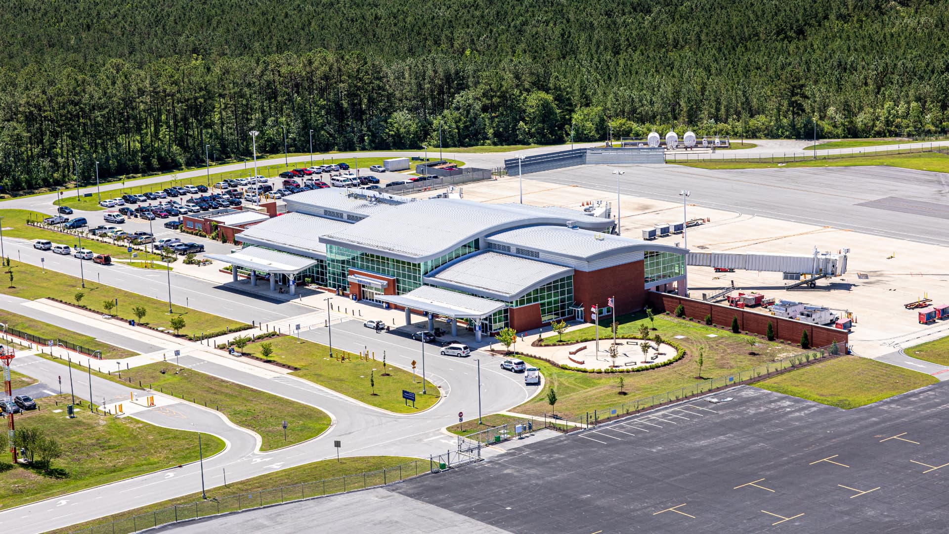 Aerial view of Albert J. Ellis Airport and the surrounding Onslow County landscape