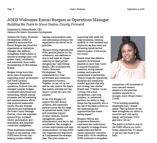 Onslow Business article: Emoni Burgess joins the Onslow Coastal Alliance as Operations Manager